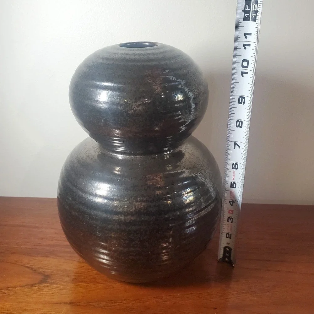West Elm‎ Ceramic Black Vase Modern Design Bulbous Rounded Shape Narrow Opening